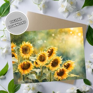 Sonnenblume Grußkarte für jeden Anlass, 5 x 7 druckbare leere Karte mit Aquarellblumen, sofortiger Download von Print at Home-Karten