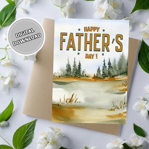 Cartão de feliz dia dos pais, 5x7 download instantâneo cartão em branco com paisagem em aquarela, cartão rústico para impressão ao ar livre para o pai