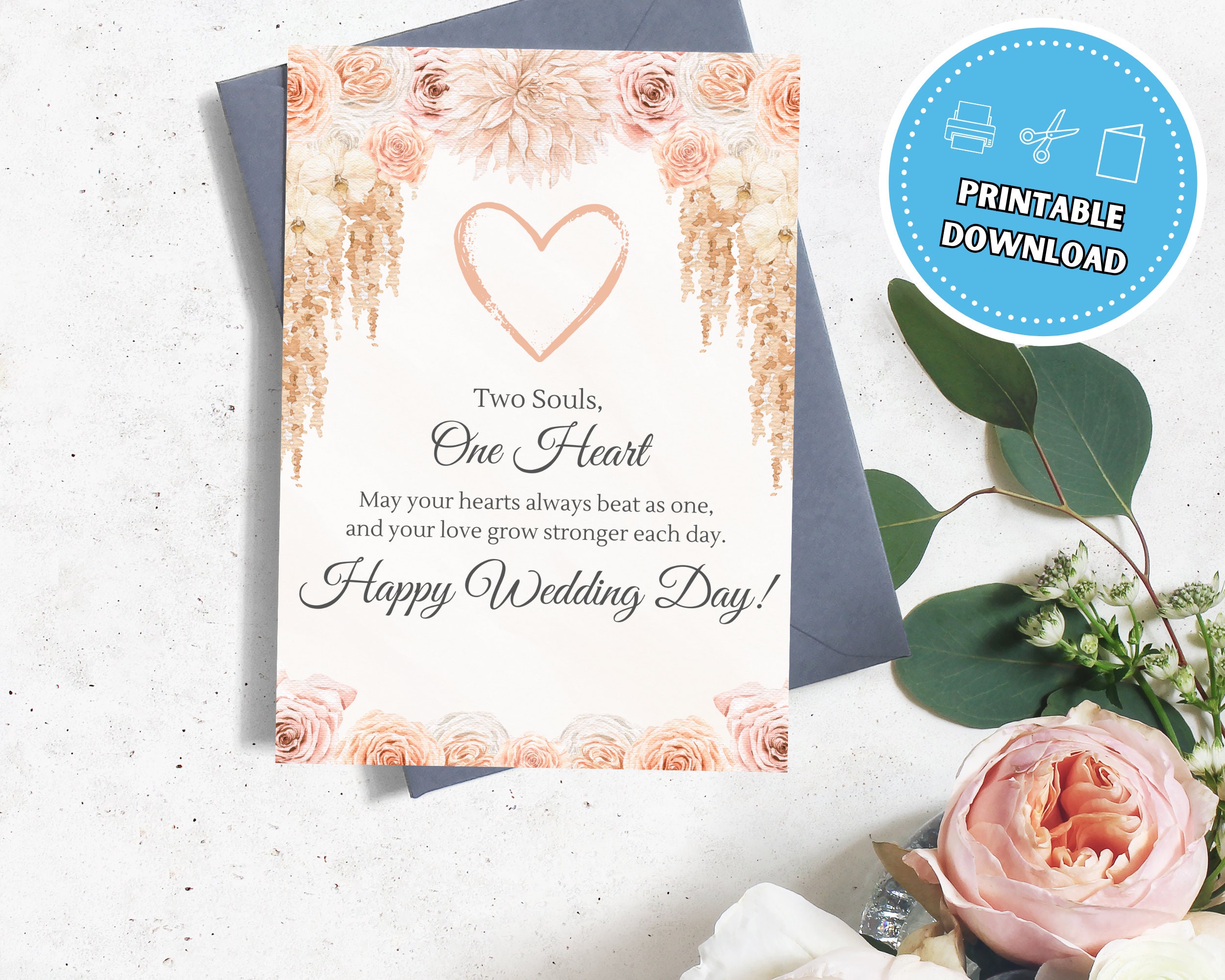 Happy Wedding Day Card, 5x7 Printable Blank Greeting Card With ...