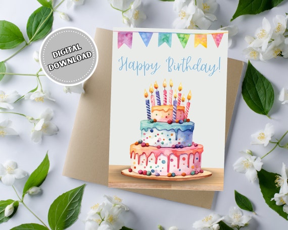 Biglietto di auguri di compleanno con acquerello: torta e palloncini, biglietto di auguri 5x7 - Italia