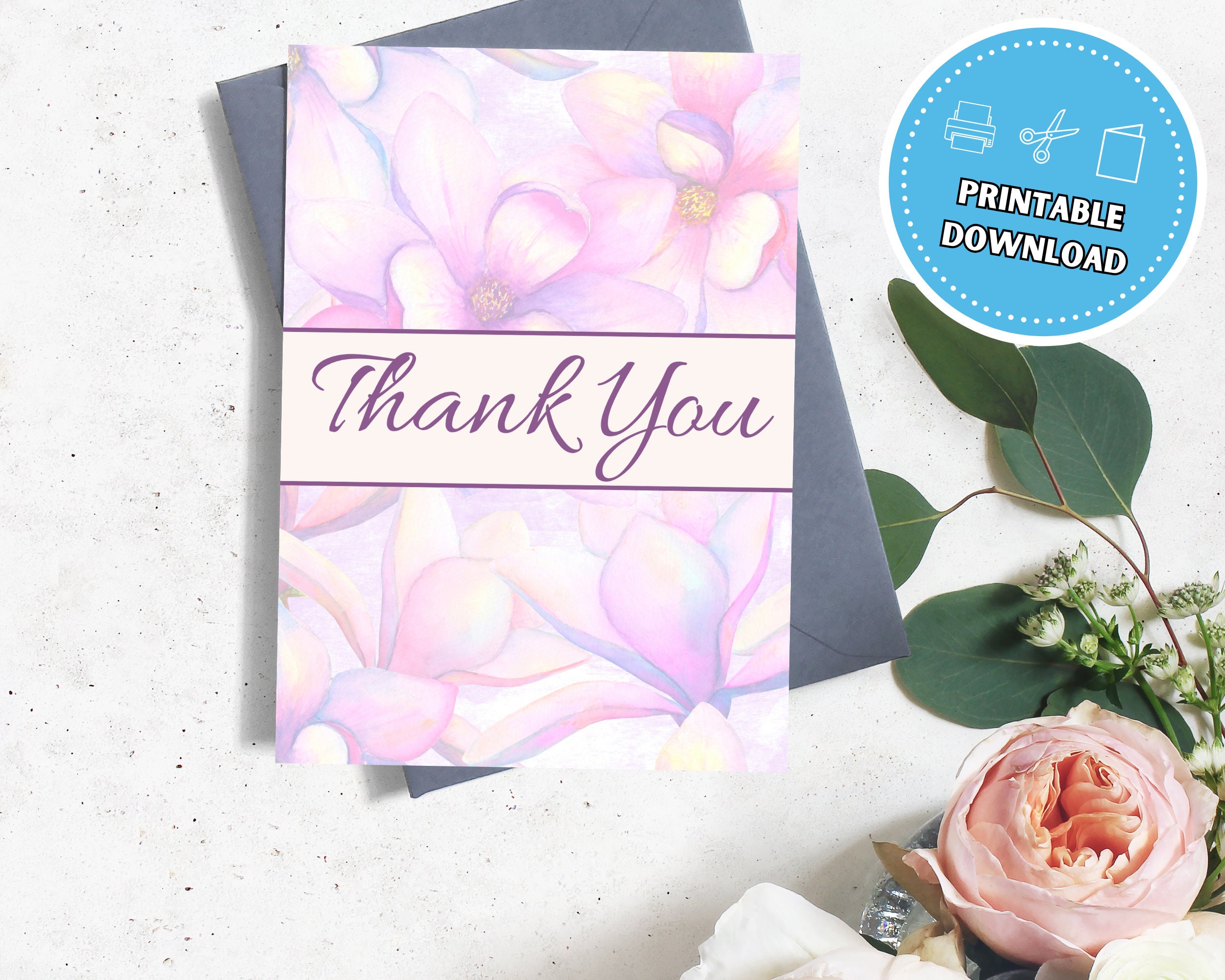 Thank You Card With Purple Watercolor Flowers, 5x7 Instant Download ...
