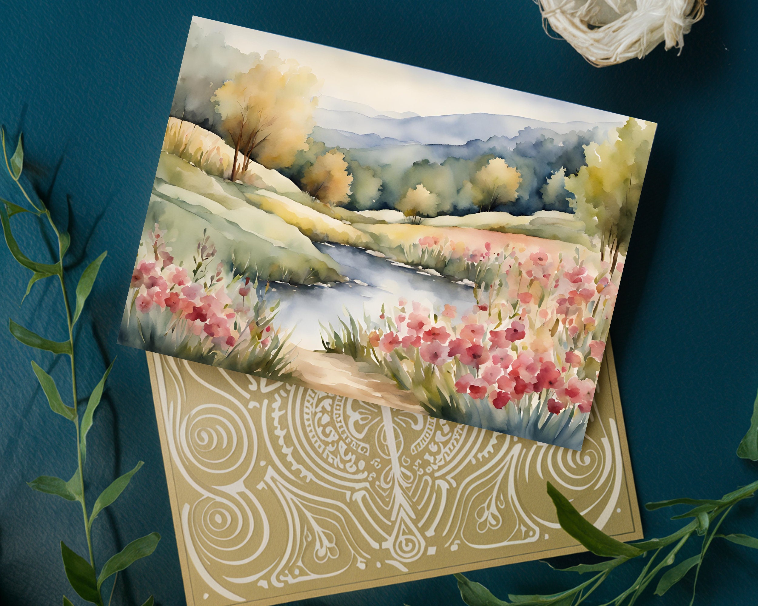 Greeting Card With Watercolor Landscape, 5x7 Printable Blank Note Card ...