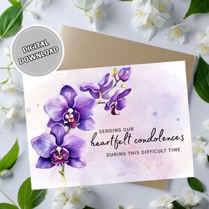 Carte de sympathie avec orchidée pourpre pour le deuil et la perte, carte de voeux vierge imprimable 5 x 7 pour la perte d'un être cher, cartes à téléchargement numérique