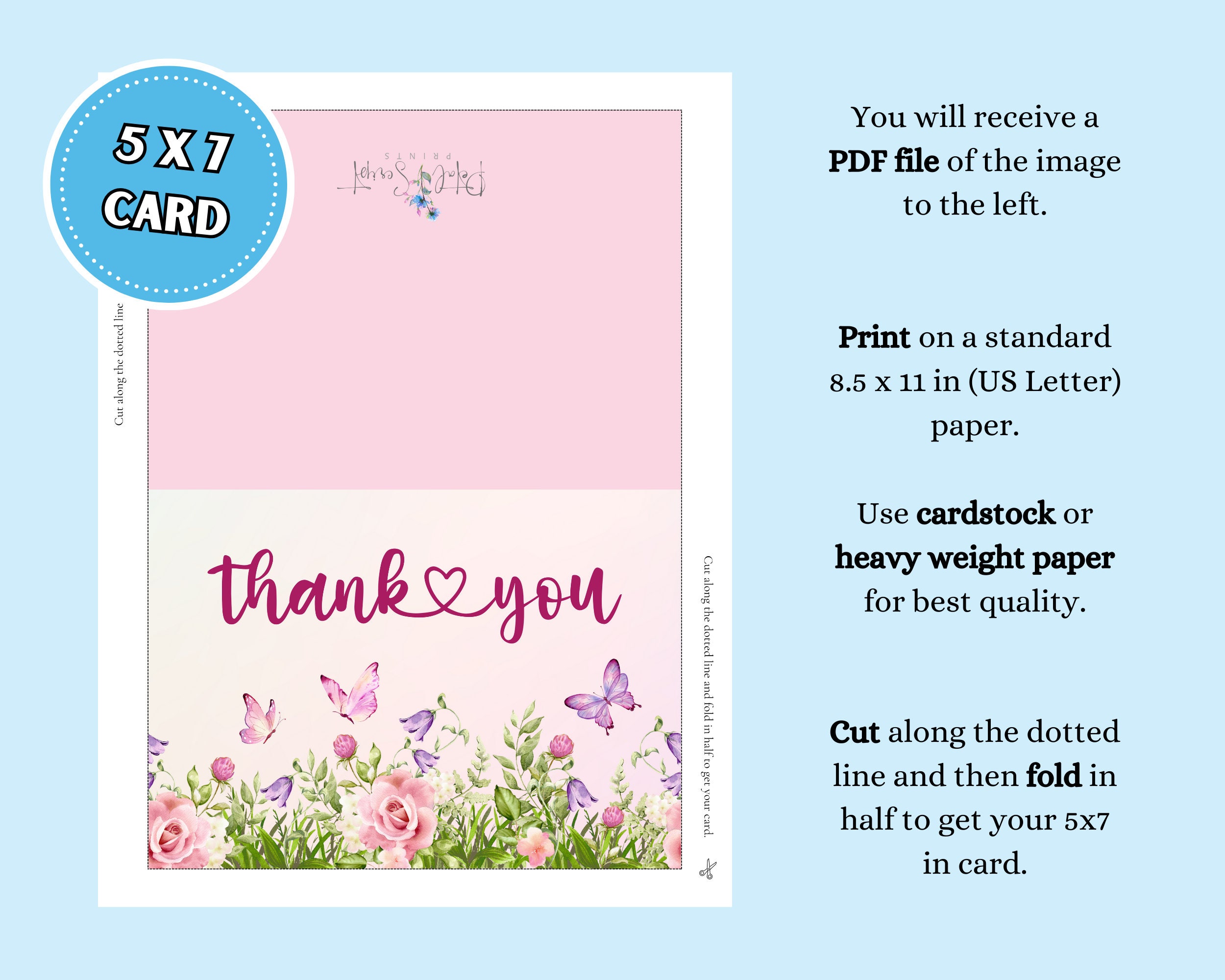 Thank You Card With Watercolor Flowers and Butterflies, 5x7 Instant ...