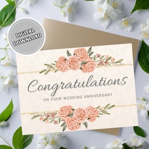 Gefeliciteerd met huwelijksverjaardagskaart, 5x7 Instant Download lege afdrukbare wenskaart, elegante jubileumkaart voor koppel