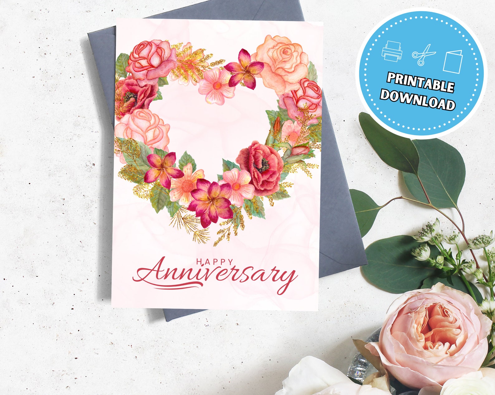 Happy Anniversary Card With Roses, 5x7 Printable Blank Greeting Card ...