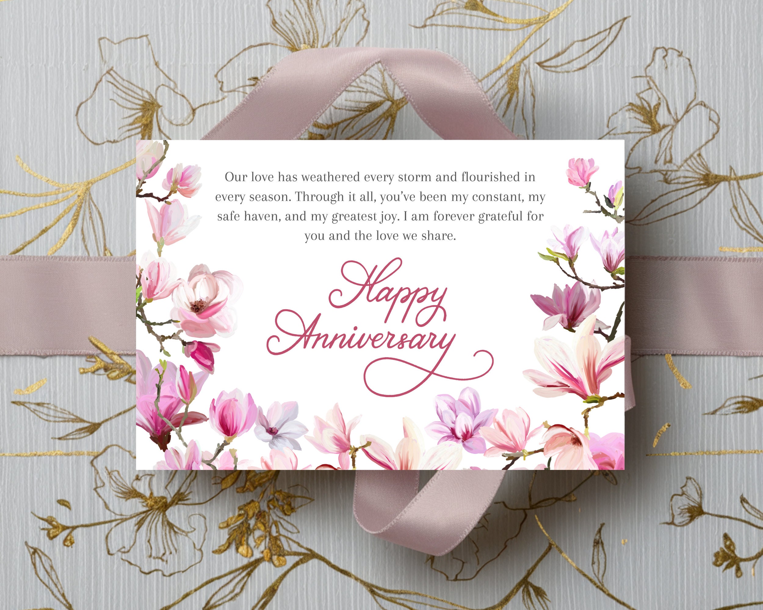 Happy Anniversary Card With Pink Flowers, 5x7 Printable Blank Greeting ...