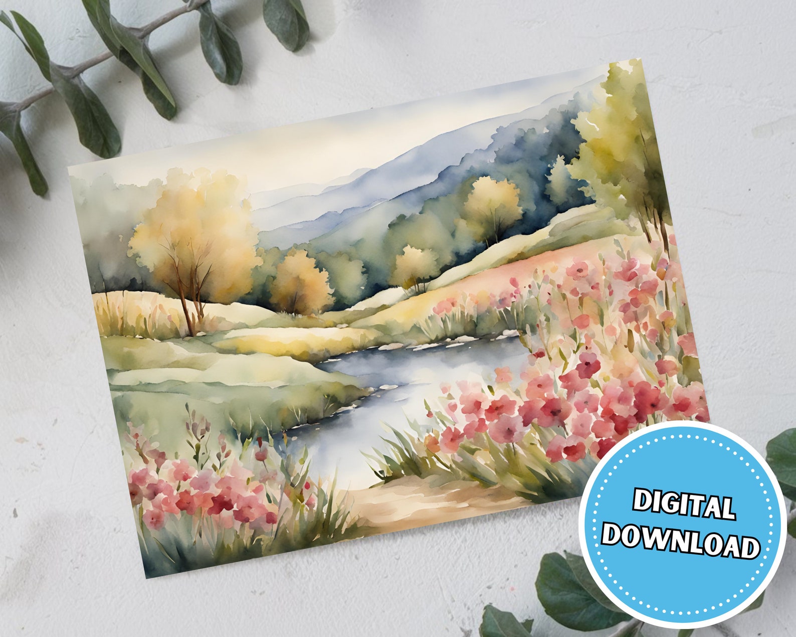 Greeting Card With Watercolor Landscape, 5x7 Printable Blank Note Card ...