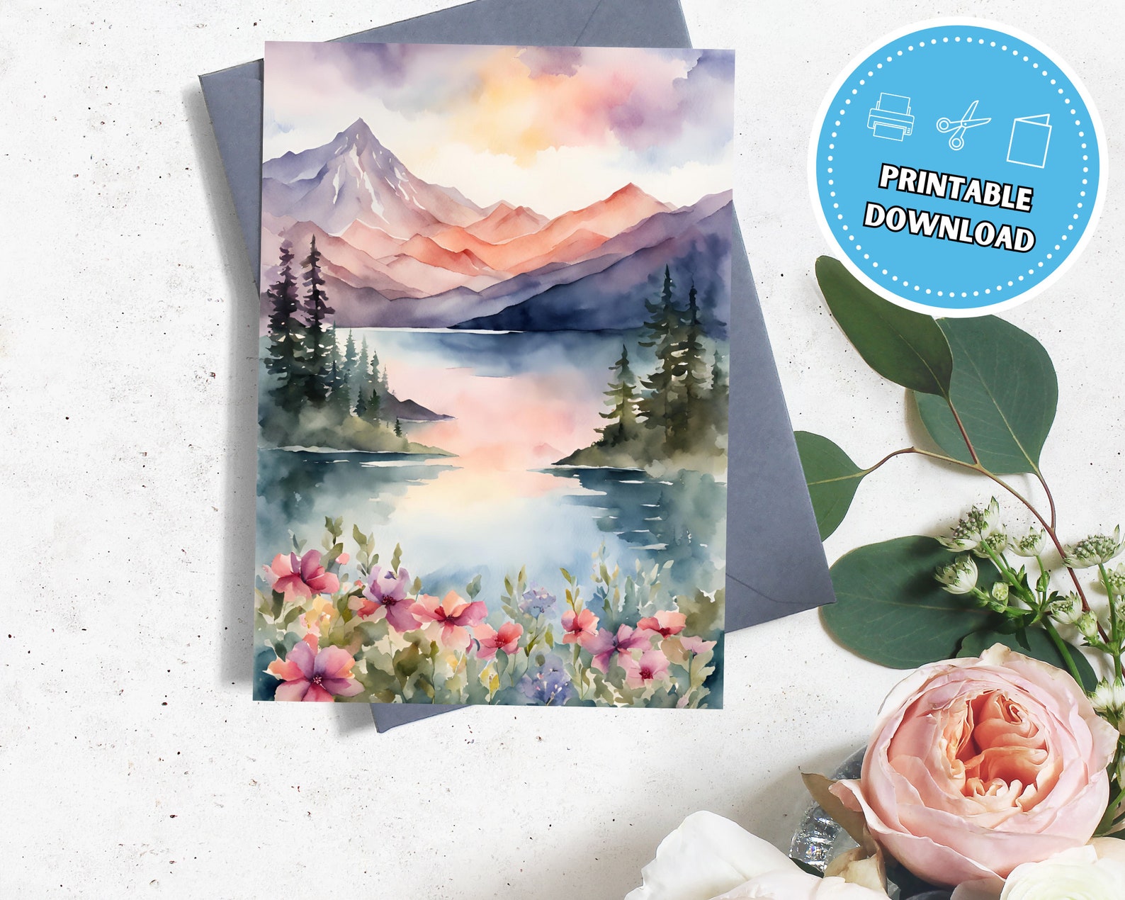 Mountain Lake Greeting Card for Any Occasion, 5x7 Printable Blank Note ...