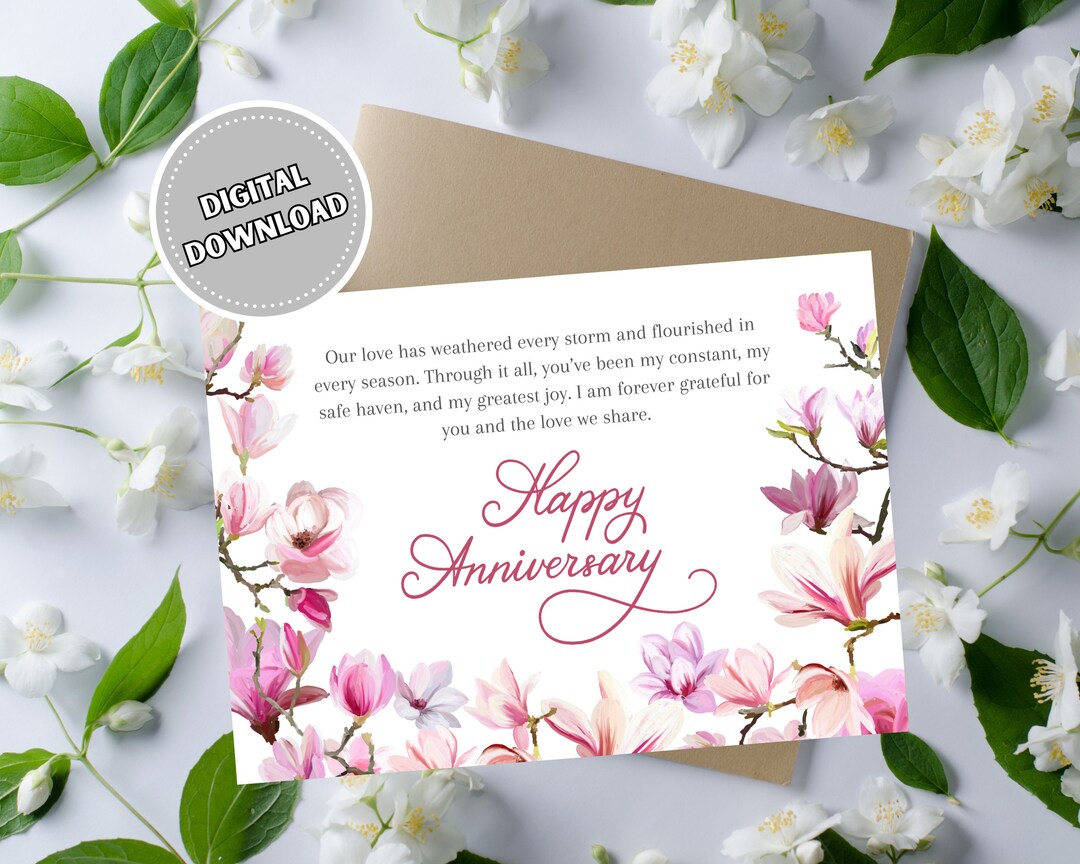 Happy Anniversary Card With Pink Flowers, 5x7 Printable Blank Greeting ...