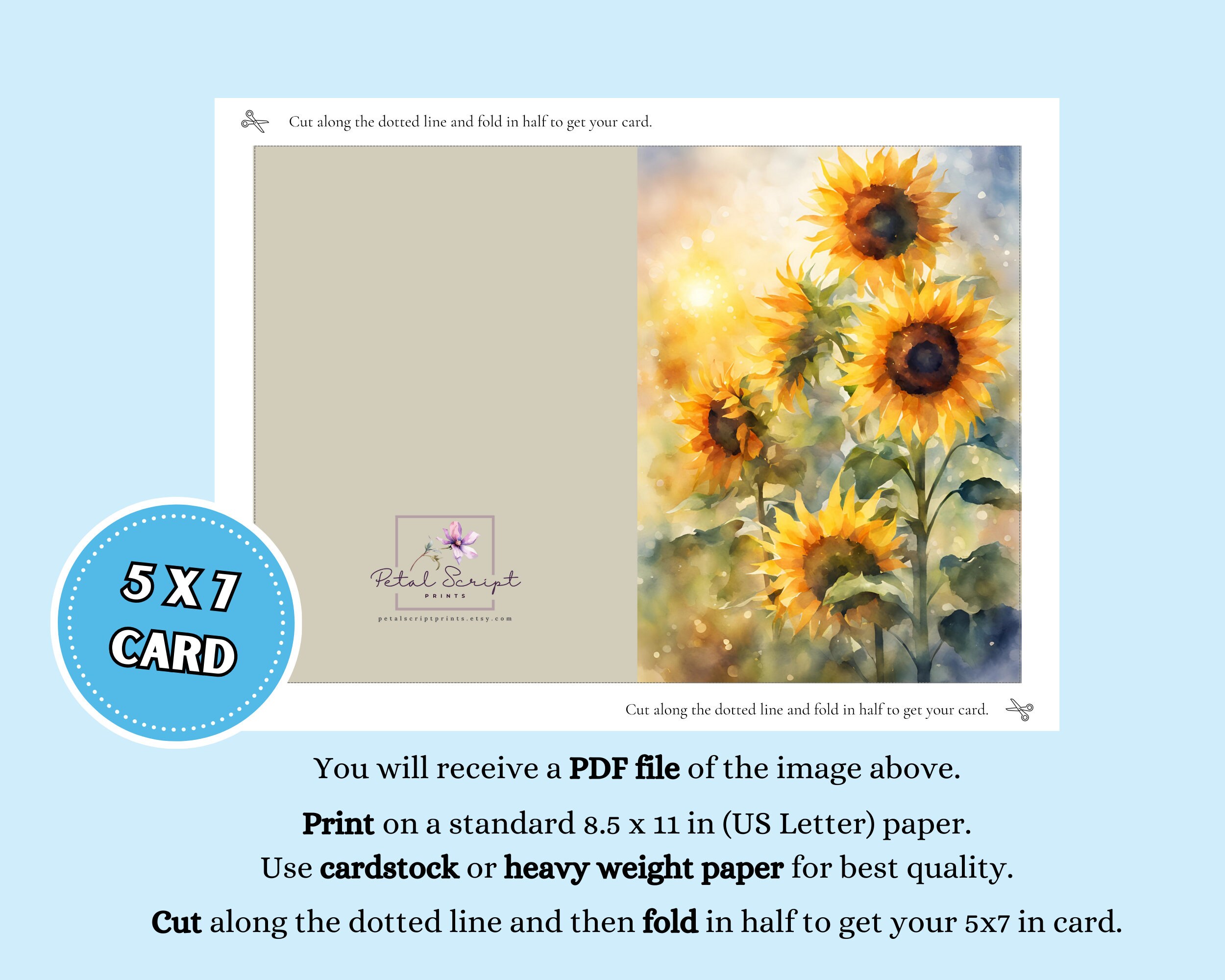 Sunflower Greeting Card for Any Occasion, 5x7 Printable Blank Note Card ...