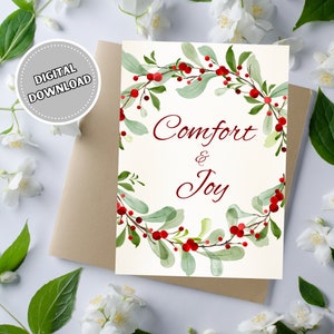 Comfort & Joy Biglietto di auguri natalizio con ghirlanda e bacche, biglietto di auguri stampabile 5x7, biglietto di auguri natalizio rosso e verde con download immediato