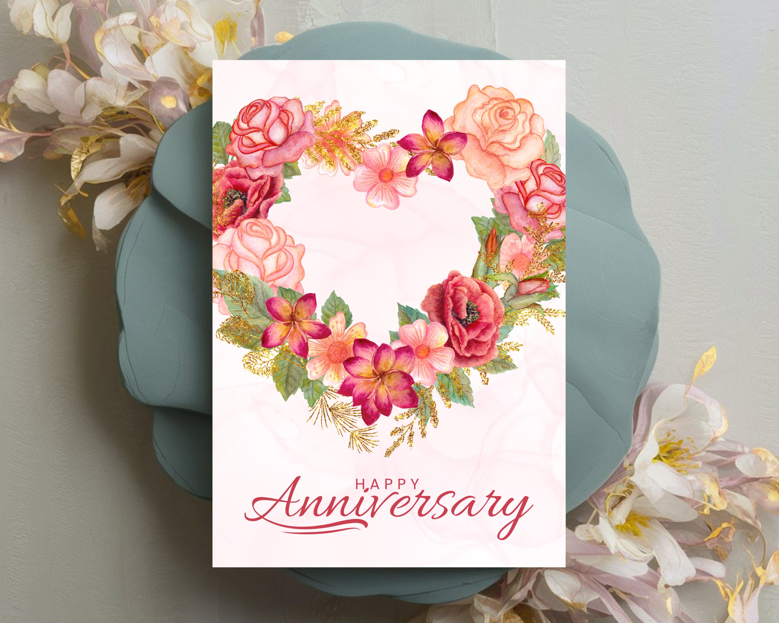 Happy Anniversary Card With Roses, 5x7 Printable Blank Greeting Card ...