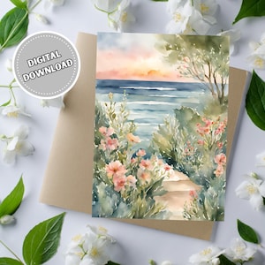 Carte de plage côtière pour toutes les occasions, carte de voeux vierge imprimable 5 x 7 avec paysage océanique aquarelle, carte de correspondance vierge à téléchargement immédiat