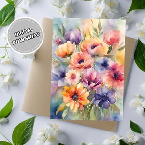 Tarjeta para cualquier ocasión con flores de acuarela, tarjeta de felicitación en blanco imprimible de 5 x 7, tarjeta de descarga instantánea para cumpleaños