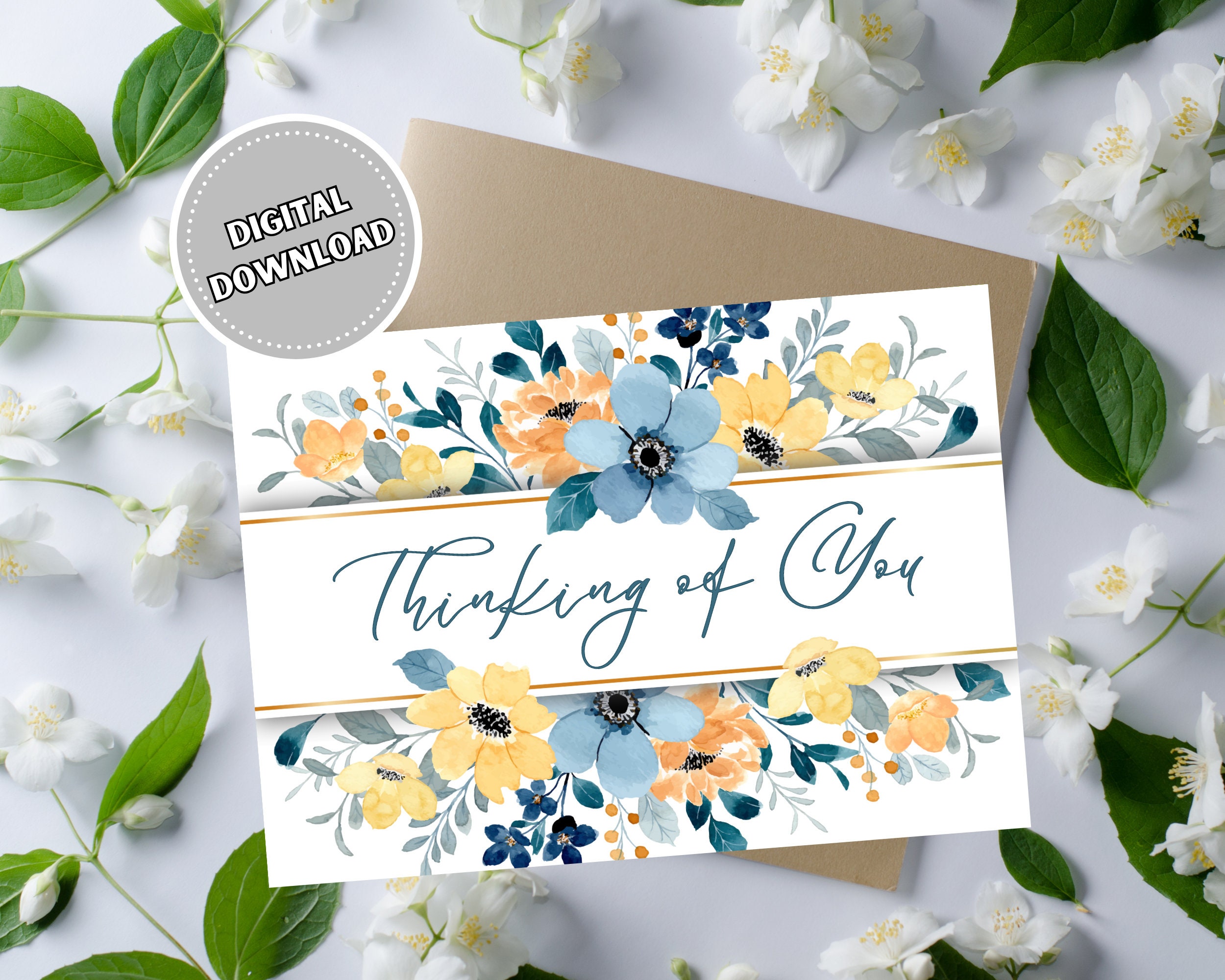 Thinking of You Watercolor Flower Card, 5x7 Instant Download Blank ...