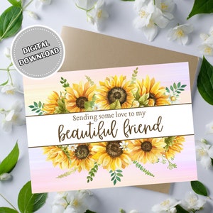 Cartão de amizade com girassóis, cartão de felicitações em branco para impressão 5x7, cartão de girassol em aquarela para amigos, cartões pensando em você