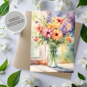 Tarjeta de felicitación con ramo de flores de acuarela para cualquier ocasión, tarjeta de notas en blanco imprimible de 5 x 7 para descarga instantánea, tarjetas de amistad para mujeres