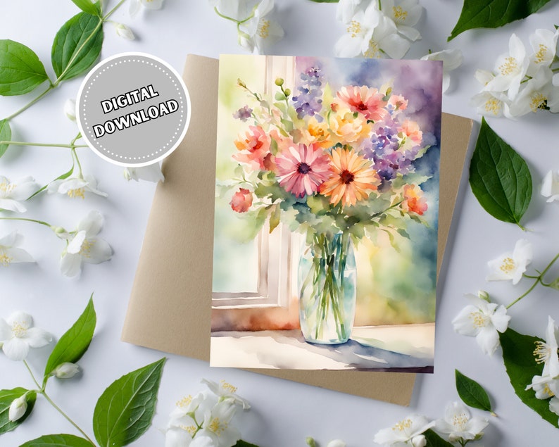Watercolor Flower Bouquet Greeting Card for Any Occasion, 5x7 Printable ...