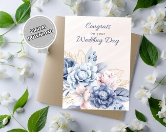 Congrats on Your Wedding Day Card with Blue Watercolor Flowers, 5x7 Printable Blank Greeting Card for Newlywed Couple, Bridal Wedding Card