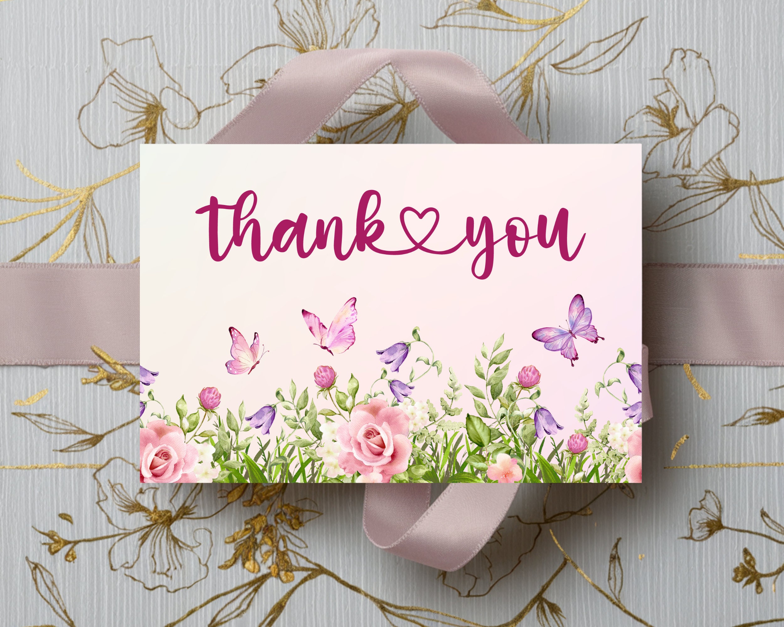 Thank You Card With Watercolor Flowers and Butterflies, 5x7 Instant ...