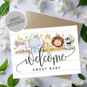 Cartão de boas-vindas doce bebê para chá de bebê, download instantâneo 5x7 cartão em branco com animais da selva para criança recém-nascida, cartão de parabéns