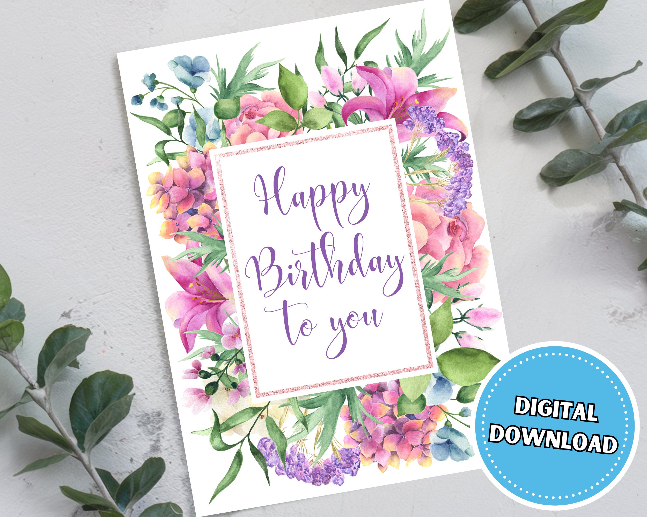 Birthday Card 5x7 Digital Download, Pink and Purple Flower Blank ...
