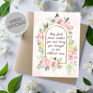 Carte de sympathie religieuse avec des fleurs roses, carte de voeux vierge imprimable 5 x 7 pour le deuil et la perte d'un être cher, carte de sympathie chrétienne