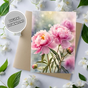 Rosa Pfingstrose Blume Grußkarte für jeden Anlass, 5 x 7 druckbare leere Karte mit Aquarellblumen, sofortiger Download floraler Karten