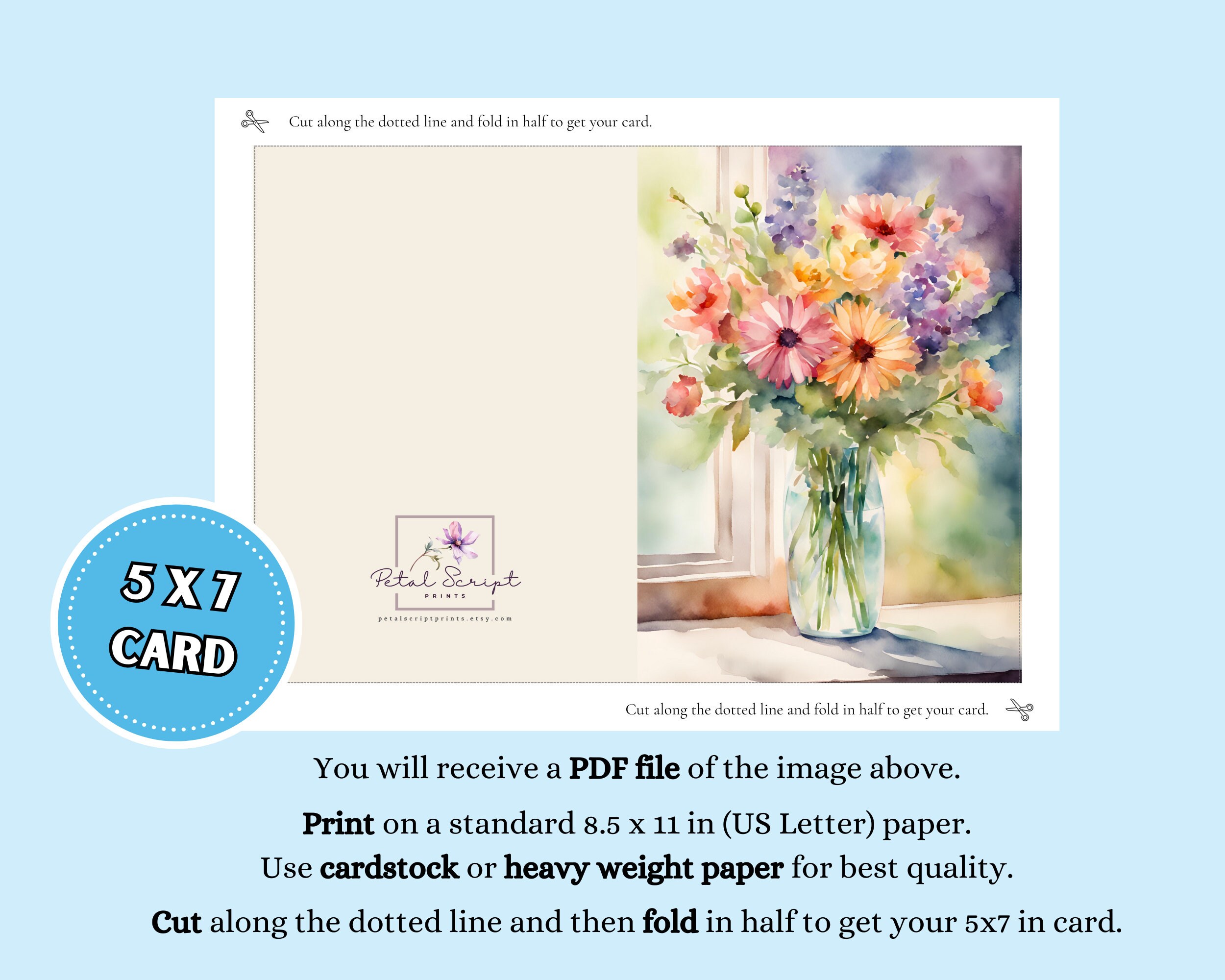 Watercolor Flower Bouquet Greeting Card for Any Occasion, 5x7 Printable ...