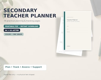 Printbare planner voor docenten in het voortgezet onderwijs, ongedateerde lesplanner, leerlingvolg- en beoordelingsmodule (PDF, A4 US Letter).