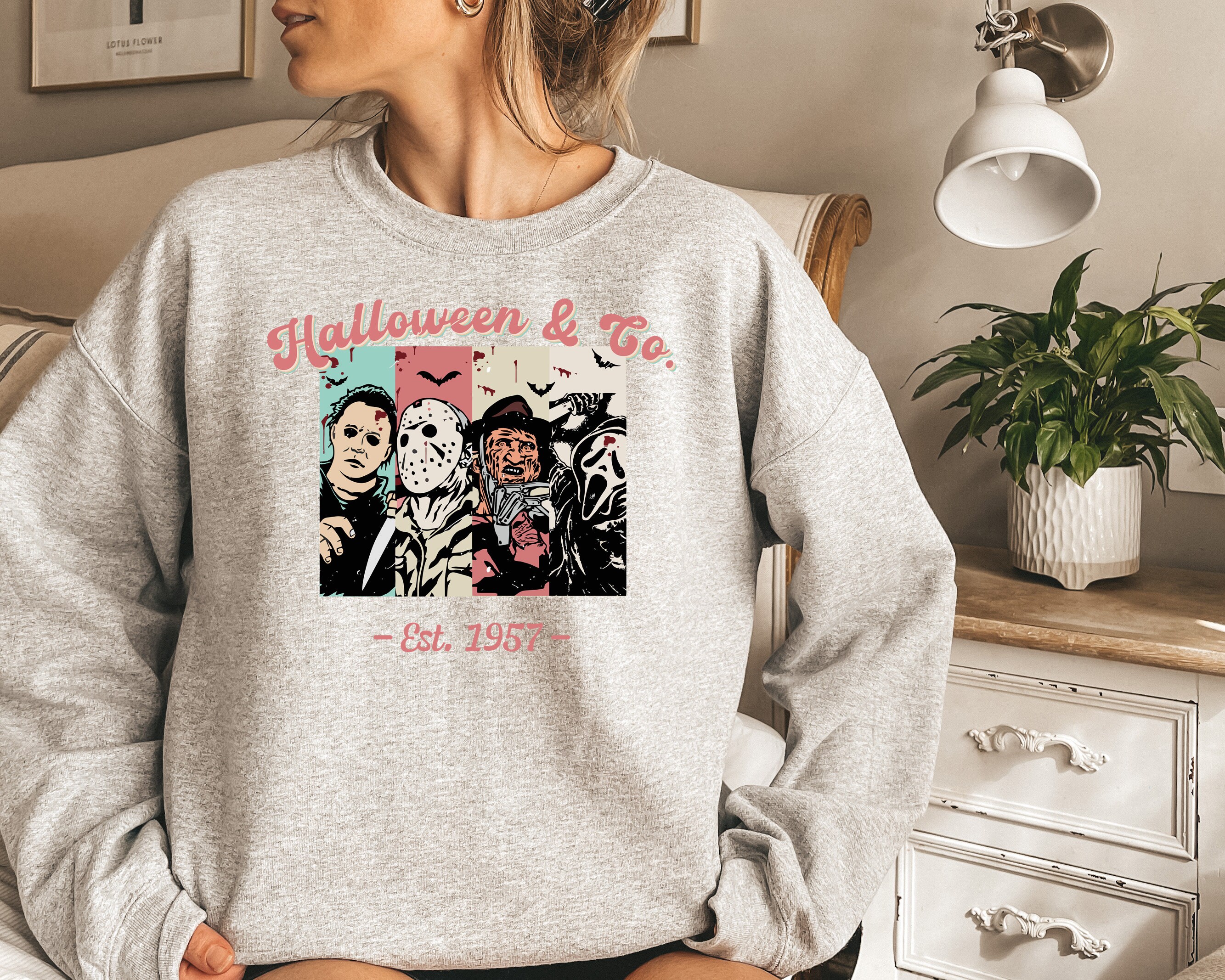 Discover Retro Halloween Co Sweatshirt, Halloween Horror Movie Characters Sweatshirt, Scary Movie Characters Shirt, Halloween Gift,Halloween Crewneck