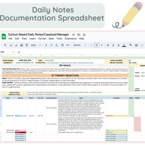 Może przedstawiać: Kolorowy arkusz kalkulacyjny z tytułem "Daily Notes Documentation Spreadsheet" i sekcją zatytułowaną "School-Based Daily Notes/Caseload Manager". Arkusz kalkulacyjny służy do śledzenia postępów ucznia w zakresie umiejętności motorycznych, umiejętności adaptacyjnych i czynności dnia codziennego. Arkusz kalkulacyjny zawiera kolumny dla daty, ustawienia, czasu rozpoczęcia, czasu zakończenia, wspieranego celu, notatek, terapeuty, nadwyżki i niedoboru.