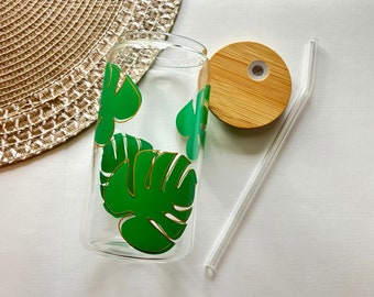 Monstera Glass Cup, Glass with Straw, Bamboo Lid, Cute Summer Cup, Iced Coffee Cup, Custom Glass, Libbey Glass Can, Plant Mom, Beer Can Cup