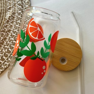 Orange and Leaf Glass Cup | Glass Cup with Lid and Glass Straw | Glass Drinkware | Glass Coffee Cup | Cute Cup | Floral | Aesthetic | Libbey