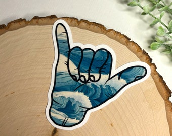 Shaka Hand Sticker with Ocean Wave Design – Vinyl Surf Aesthetic Decal for Water Bottles, Laptops, Phone Case, Kindle | Blue, Summer, Beach