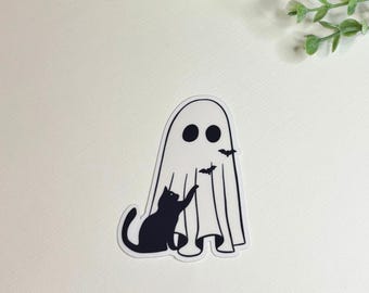 Cute Ghost and Cat Sticker – Halloween Stickers, Spooky Halloween Vinyl Decal, Bats, Black Cat Ghost Decor, Laptop, Kindle, or Water Bottle