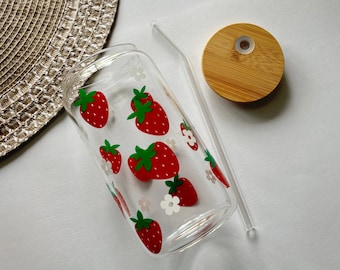 Strawberry Cup | Cute Fruit Cup | 16 oz | Iced Coffee Cup | Custom Glass | Gifts for Her | Trendy Glass Can | Cup with Lid and Straw