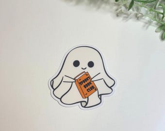 Spooky Book Club Ghost Sticker – Cute Halloween Vinyl Sticker for Book Lovers, Ghost Reading Sticker, Fall Aesthetic Laptop & Journal Decal