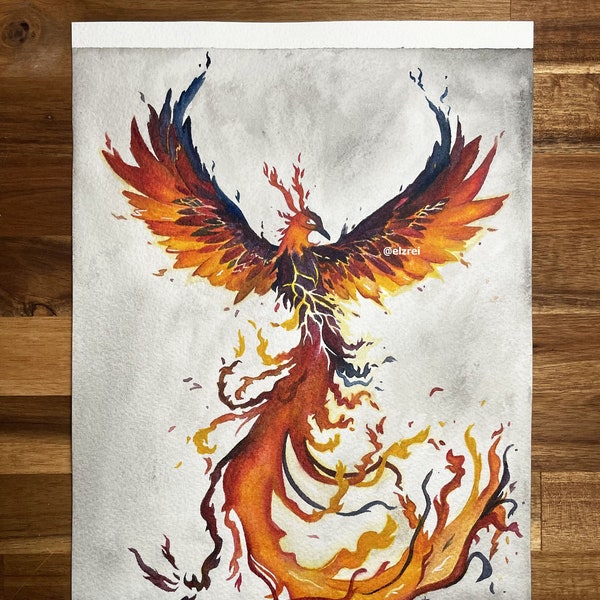 Originale Aquarelle Phoenix A4 pour décoration murale