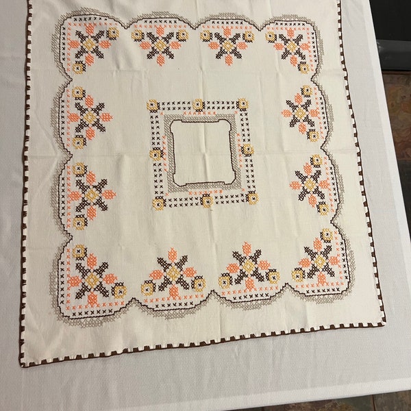 Vintage hand cross stitched  square table topper in brown, peach and gold