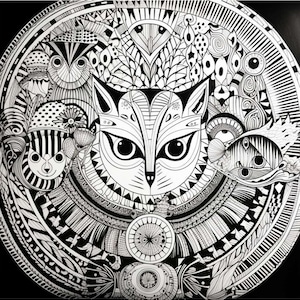 Könnte beinhalten: Ein schwarzes und weißes kreisförmiges Mandala-Design mit einem stilisierten Katzenkopf in der Mitte. Die Katze hat große Augen und ein detailliertes Muster auf ihrem Fell. Das Mandala ist umgeben von komplizierten Mustern aus Blumen, Blättern und geometrischen Formen.
