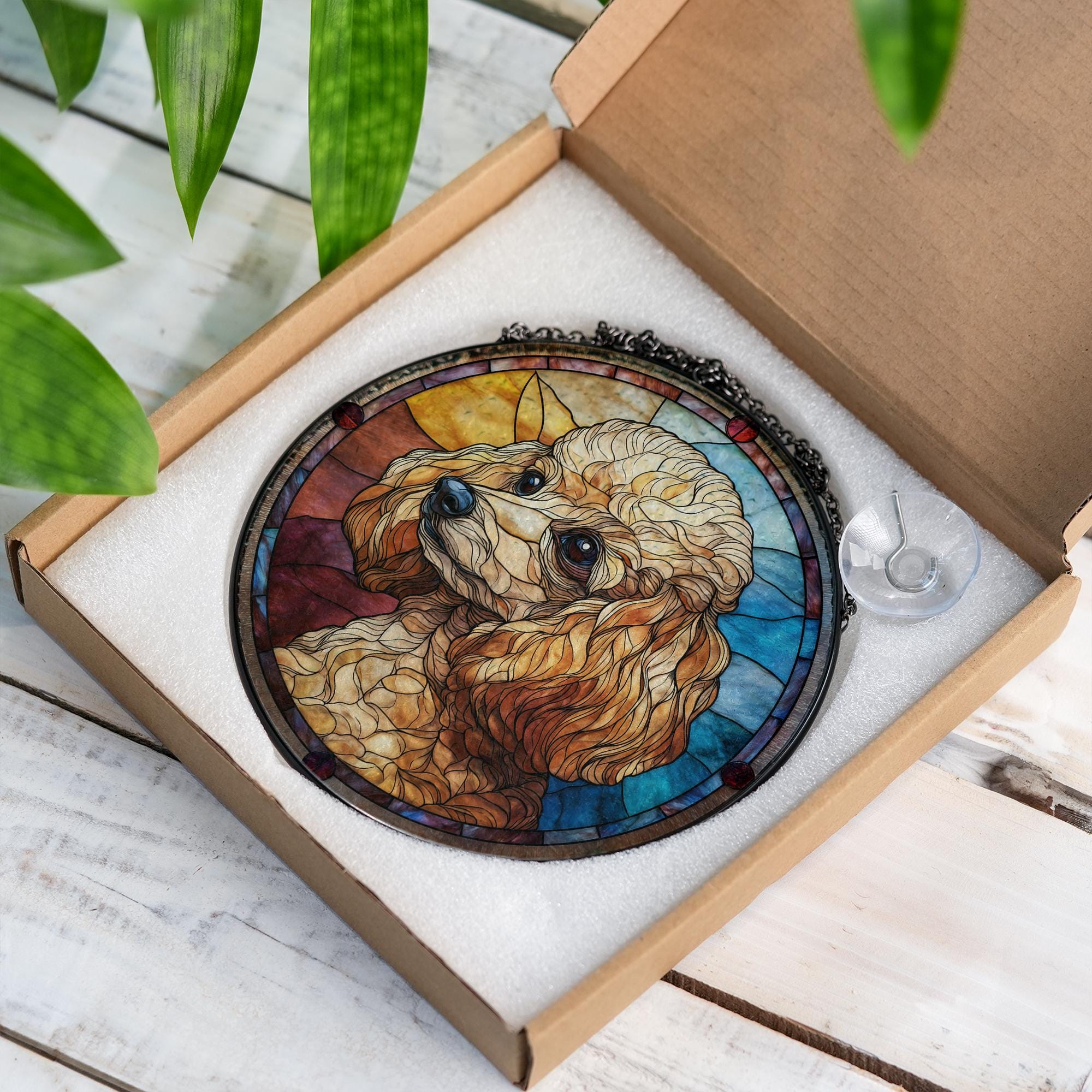 トイプードルのステンドグラス風サンキャッチャー – 愛らしい犬の