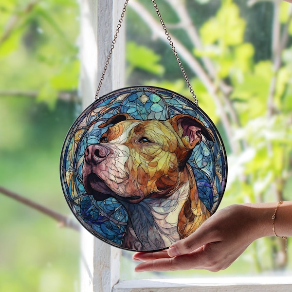 Pit Bull Stained Glass Window Suncatcher – Custom Dog Breed Glass Sun Catcher, Unique Pet Memorial Window Art Gift for Dog Lovers