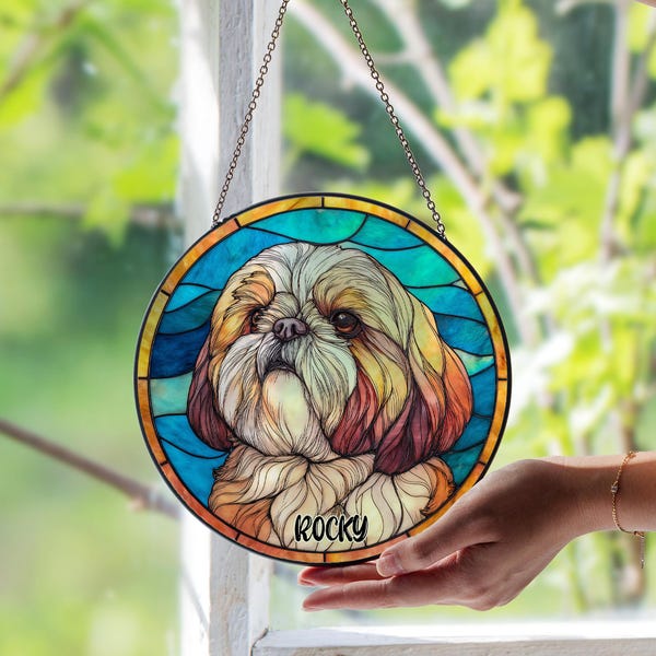 Personalized Shih Tzu Dog Stained Glass Window Suncatcher, Custom Pet Memorial Gift, Unique Dog Lover Glass Art Window Hanging