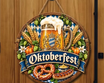 May include: A round wooden wall sign featuring a beer mug with foam, wheat stalks, green hops, pumpkins, a pretzel, and a sausage. A blue banner across the center displays the text Oktoberfest in white letters over a blue and white diamond pattern.