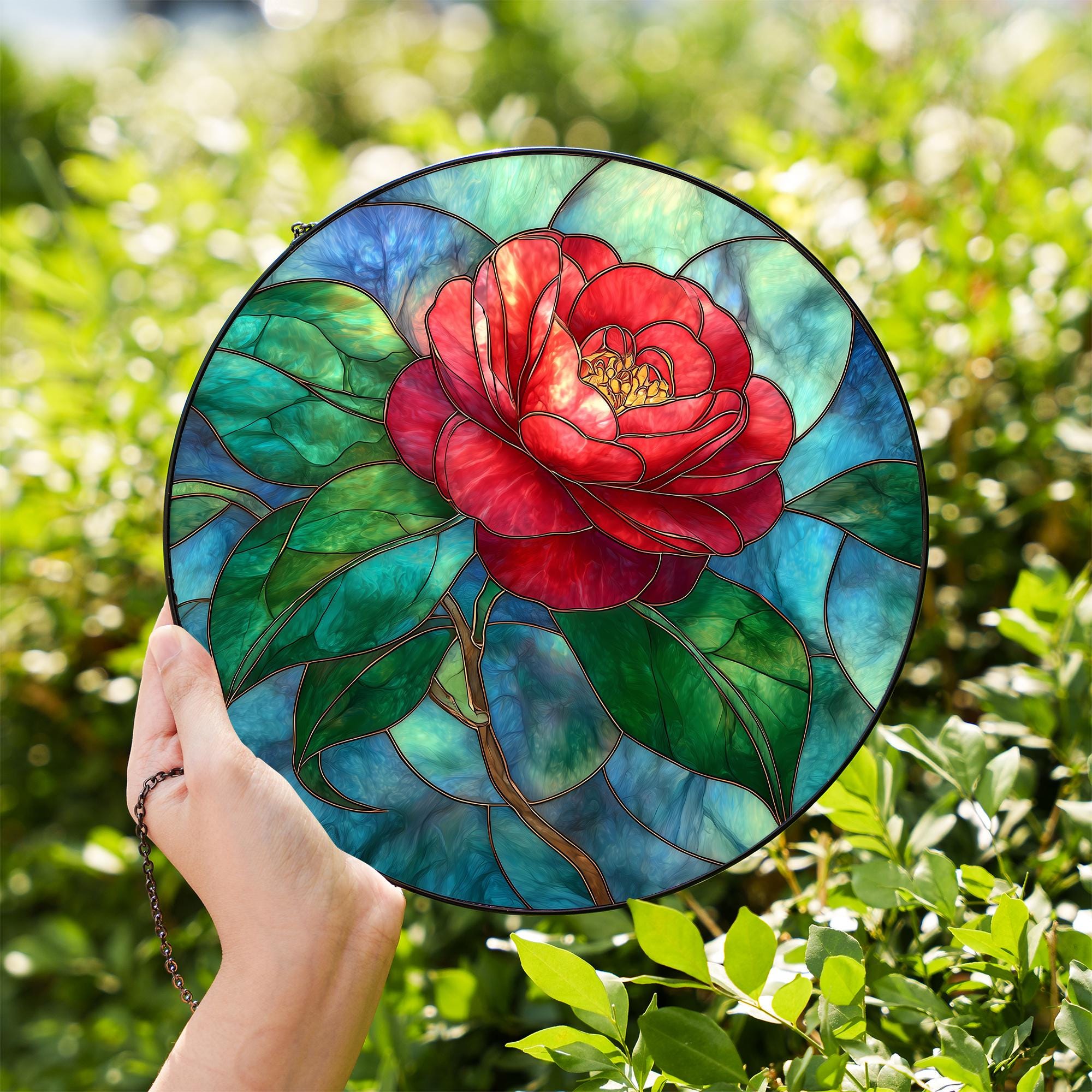 椿の花のステンドグラス窓用サンキャッチャー｜エレガントな花柄ガラス