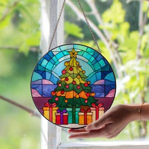 ステンドグラスパネル　クリスマス カラフルなクリスマスツリーのステンドグラス窓パネル - 楽しい
