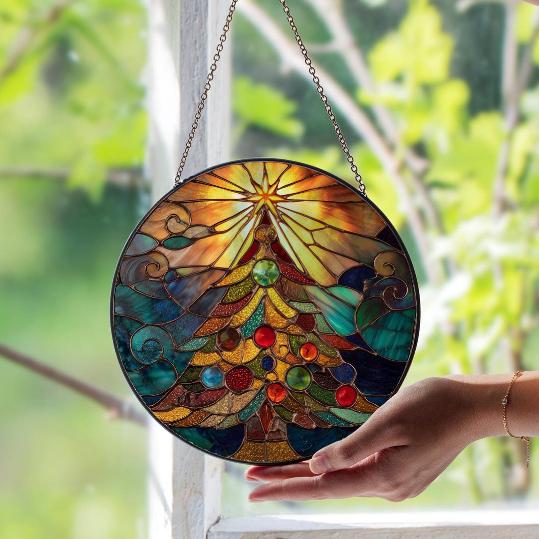 Illuminated Christmas Tree Stained Glass Window Suncatcher – Festive ...