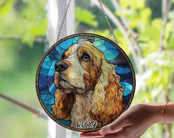 Personlig Cocker Spaniel solfångare i målat glas, anpassad minnesgåva för husdjur, unik glaskonst för hundfönsterhängande minnesgåva